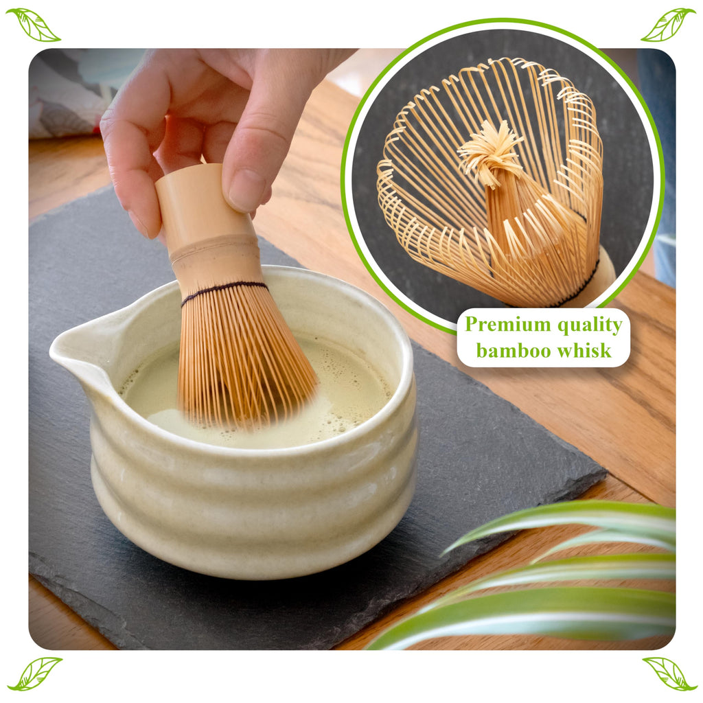 Marce Matcha Whisk Set- Matcha Set includes Matcha Whisk and Bowl (Bowl with Spout), Sifter, Holder and Scoop- The Perfect Bamboo Whisk for Matcha Tea (Black- 7PC)