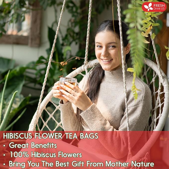 FreshDrinkUS, Premium 10 Hibiscus Flowers Tea Bags, 100% Natural, Pure from Hibiscus Flowers. Loose Flower Hibiscus Herbal Tea. Hibiscus Flower Tea. No Sugar, No Caffeine, No Gluten, Vegan.