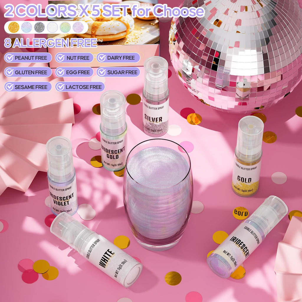 Edible Glitter Spray,2 Colors Iridescent & Iridescent Gold Food Grade Edible Glitter Set for Drink Cake Beverages,Cupcakes,Cake Pops and Cookies Decorating