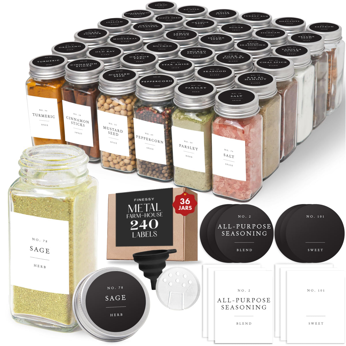 FINESSY Minimalist Spice Jars with Labels, Airtight Metal Lids 4oz 36 Pack