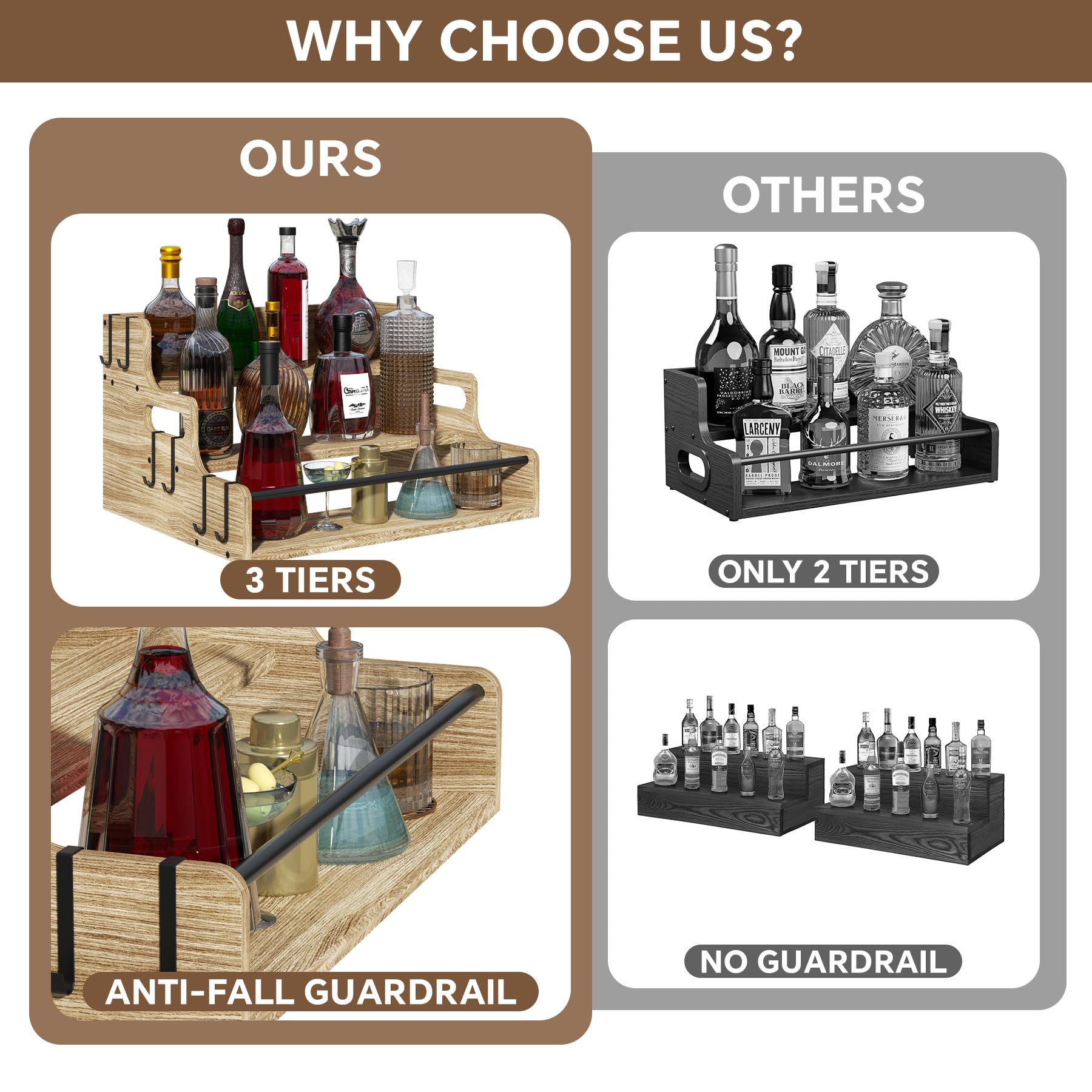 Lavendex 3-Tier Liquor Bottle Display Shelf, Bar Stand for Whiskey, Spirits, Coffee Syrup Rack Organizer, Countertop Wine Rack for Home, Mini Coffee Bar, Small Liquor Cabinet and Kitchen Light Brown