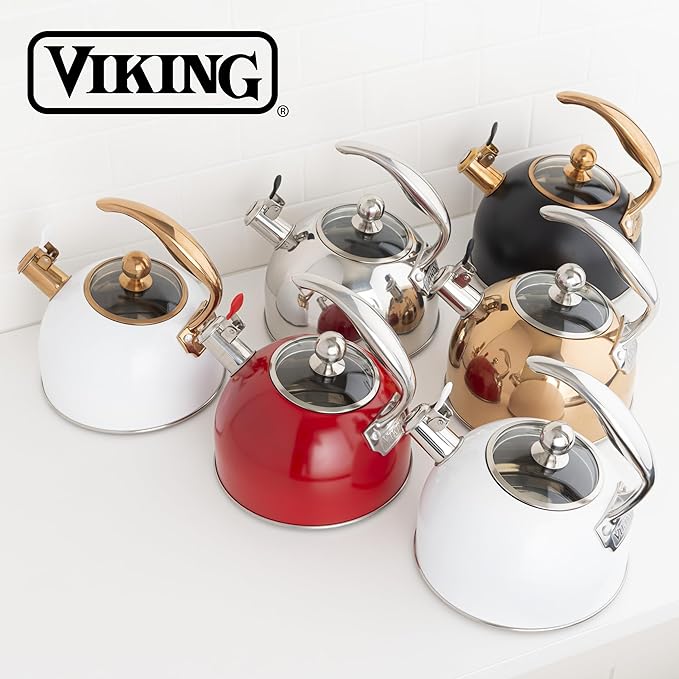 Viking 3-Ply Stainless Steel Tea Kettle, 2.6 Quart Stovetop Hot Water Pot with Tempered Glass Lid, Ergonomic Handle, Induction Ready, Mirror Finish