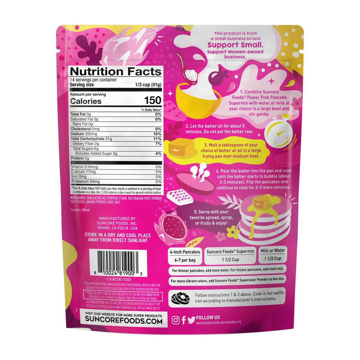 Suncore Foods Power Pink Pitaya Pancake & Waffle Mix 20oz | Plant-Based