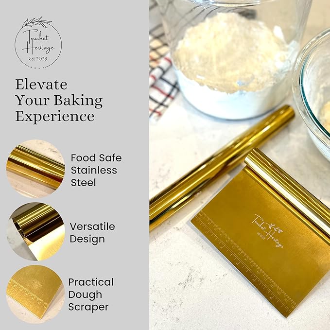 French Rolling Pin and Dough Scraper Set | Gold Bench Scraper Tool | Rolling Pin For Dough | Bread Making Accessories | Metal Bread Dough Cutter | Sourdough Scraper | Rolling Pin for Baking, small