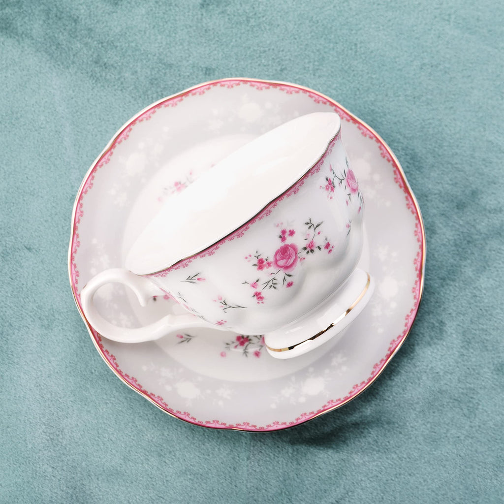 fanquare Vintage Porcelain Tea Set for Women Tea Party, Cup and Saucer Set for 6, Wedding Floral Teapot Set for Adults, Pink Rose