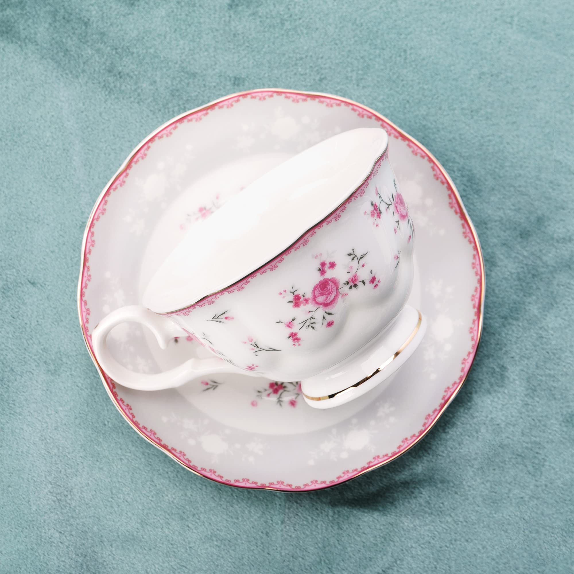 fanquare Vintage Porcelain Tea Set for Women Tea Party, Cup and Saucer Set for 6, Wedding Floral Teapot Set for Adults, Pink Rose