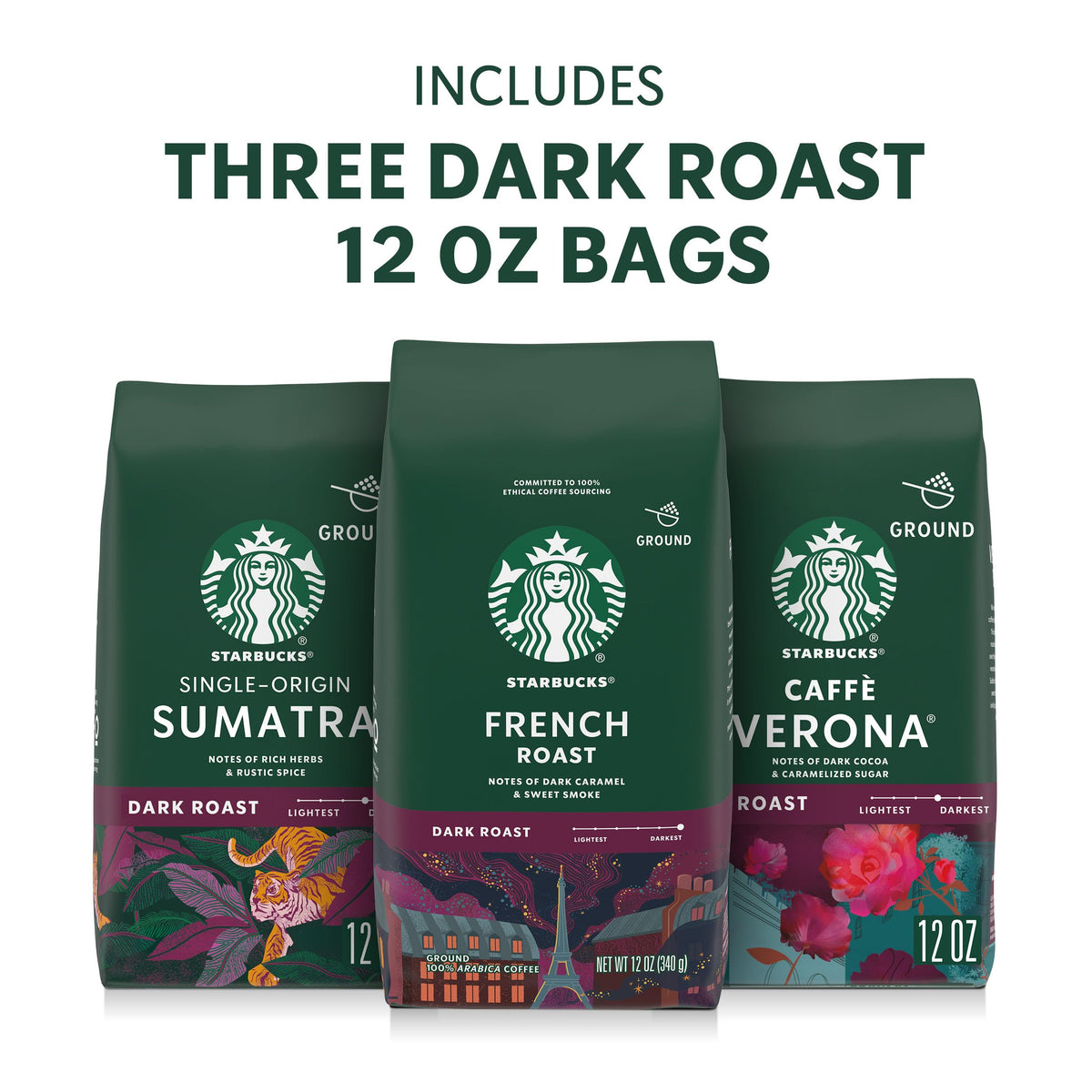 Starbucks Ground Coffee, Dark Roast Hot or Iced Coffee, Variety Pack, Three 12 oz Bags