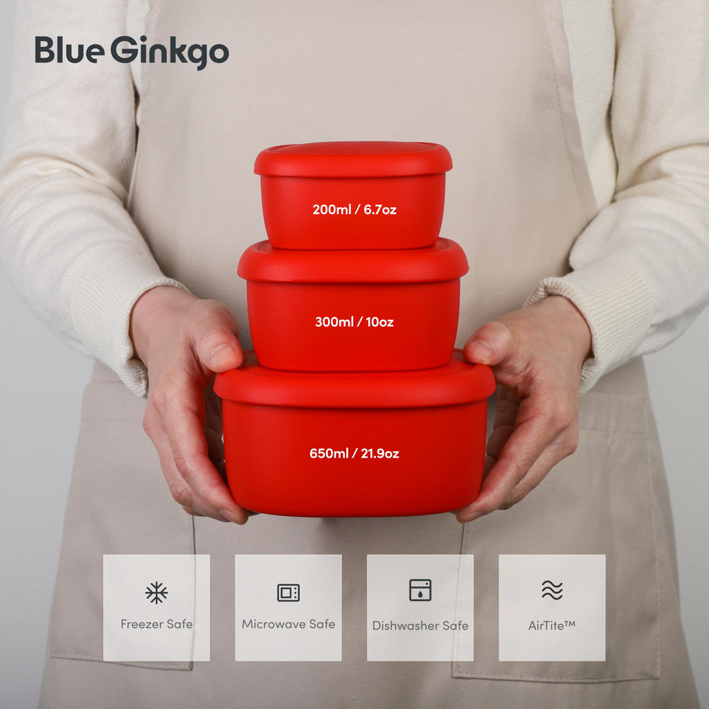 BLUE GINKGO Nesting Silicone Containers - Set of 3 Hard-Shell Silicone Food Storage Containers | BPA Free, Airtight, Dishwasher and Freezer Safe (6.7oz, 10oz, 20oz) - Red
