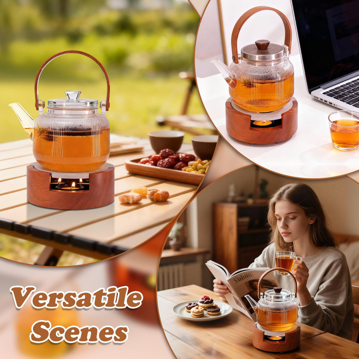 Teapot and Food Warmer, Portable Food Warmer for Camping and Traveling, Upgrade to 3 Candles to Increase The Heat, Ideal for Winter Tea Gathering