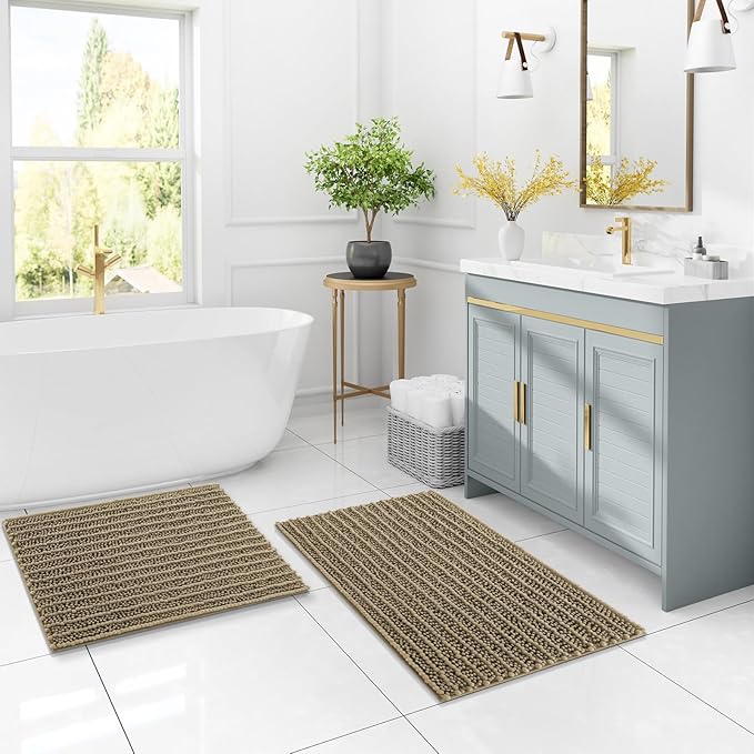 Arotive Luxury Chenille Bathroom Rug Mat, Extra Soft Thick Absorbent Shaggy Bath Rugs, Non-Slip Machine Wash Dry, Plush Bath Mats for Bathroom, Shower and Tub, 30x20, Camel