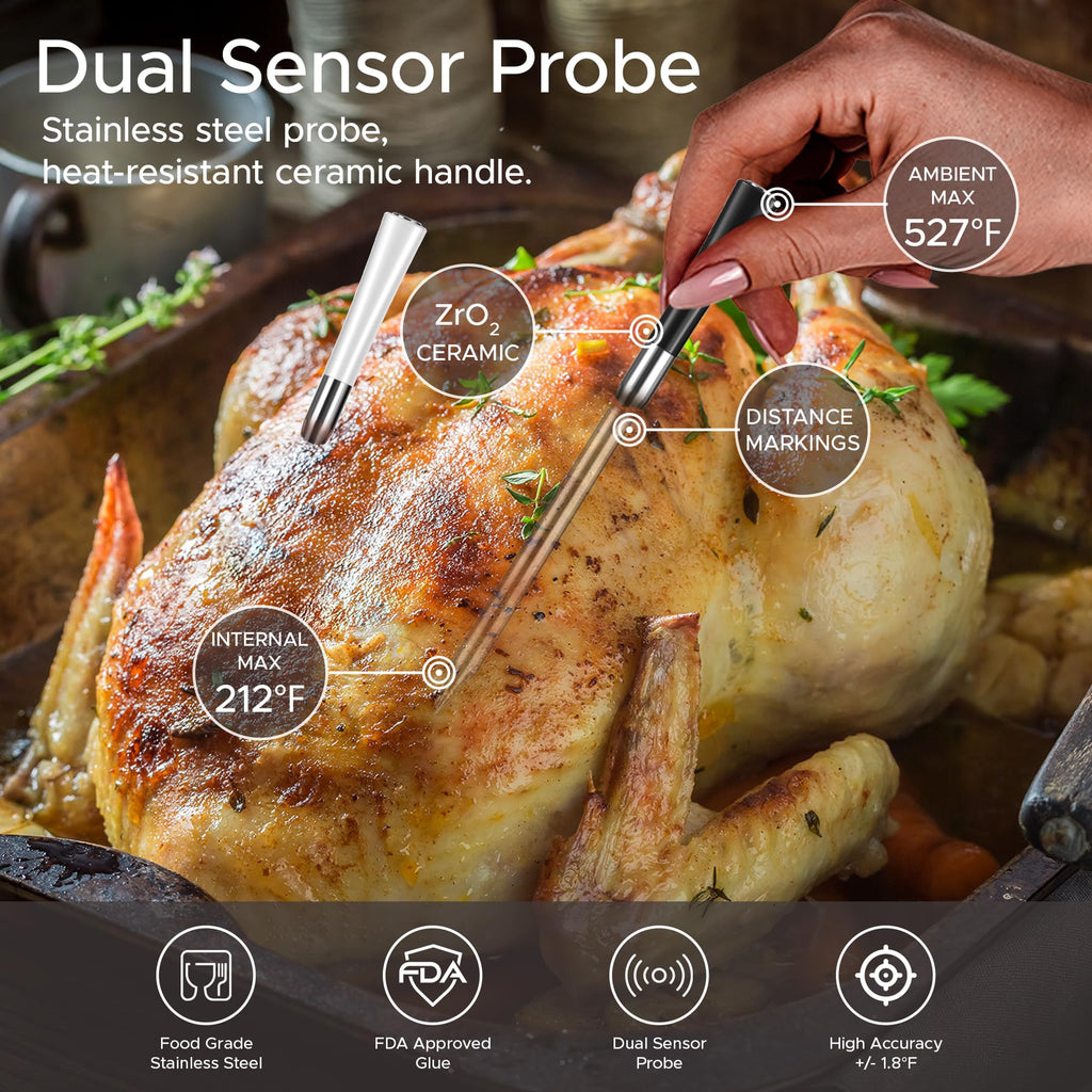 CulinaTech 750ft Wireless Meat Thermometer Long Range for Smoker, BBQ & Rotisserie, 2 Probes Smart Bluetooth Thermometer Dual Sensor Waterproof Probe with LCD Base Station Display & App Control