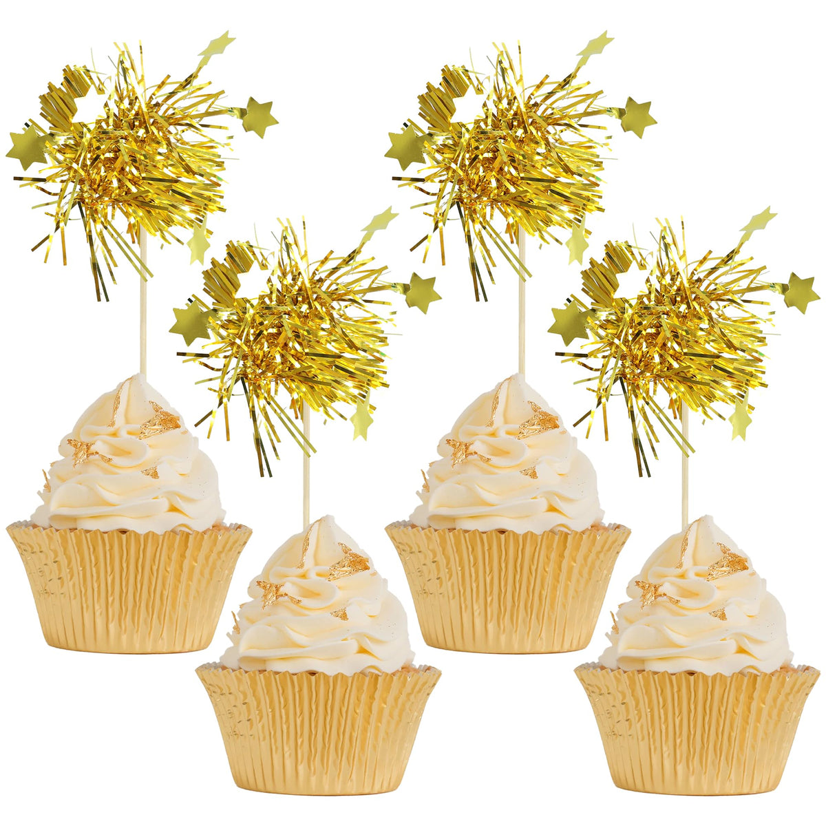 Gyufise 30Pcs Foil Firework Cupcake Toppers Sparkle Tinsel Cake Toppers Tinsel Drink Cake Decoration Cocktail Picks for Birthday Wedding Graduation Party Supplies Dark Blue