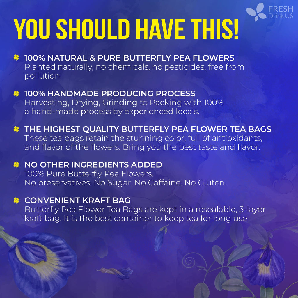 FreshDrinkUS, Premium 35 Blue Butterfly Pea Flowers Tea Bags, 100% Natural and Pure from Butterfly Pea Flowers, Made With Natural Material Tea Bag, No Sugar, No Caffeine, No Gluten, Vegan