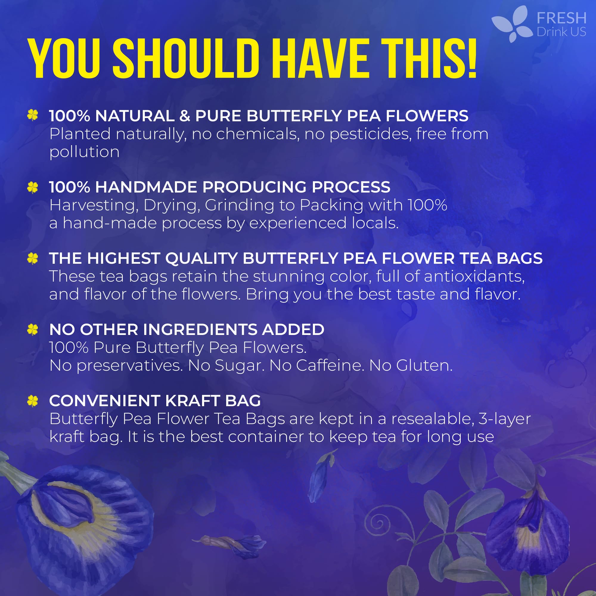 FreshDrinkUS, Premium 35 Blue Butterfly Pea Flowers Tea Bags, 100% Natural and Pure from Butterfly Pea Flowers, Made With Natural Material Tea Bag, No Sugar, No Caffeine, No Gluten, Vegan