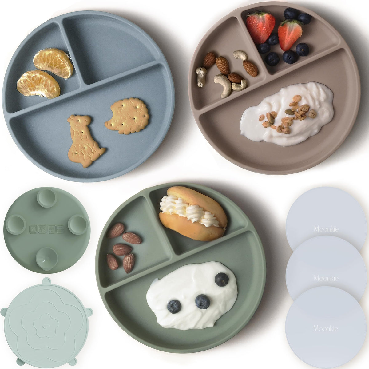 Moonkie Suction Plates for Baby | 100% Silicone BPA-Free Baby Plates with Lids and Food Cover | Divided Design | Microwave and Dishwasher Safe | Toddler Plates 2 Pack