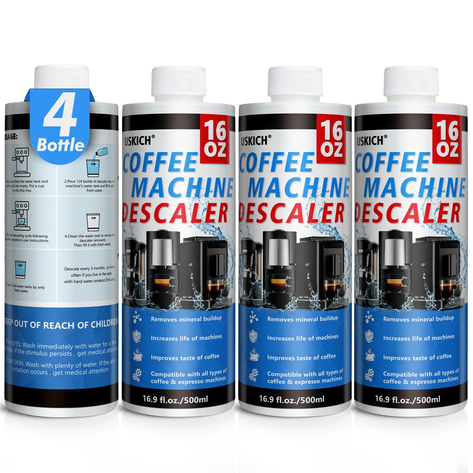 4 Pack Coffee Machine Descaler Descaling Solution -16 Uses,Descaling Solution for Descaling Solution for Keurig, Nespresso, Delonghi,Espresso Machines