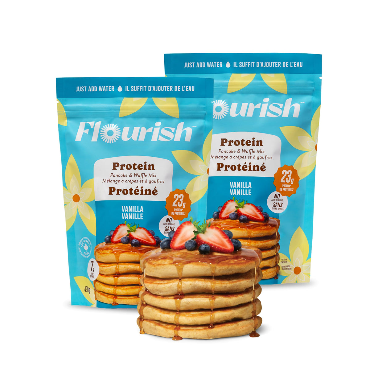 Flourish Protein Pancake & Waffle Mix, with Whey Protein & Flax Seed, No Added Sugar, High in Protein & Fiber - Just Add Water - Buttermilk Flavour, 430g (3 Pack) - Made in Canada