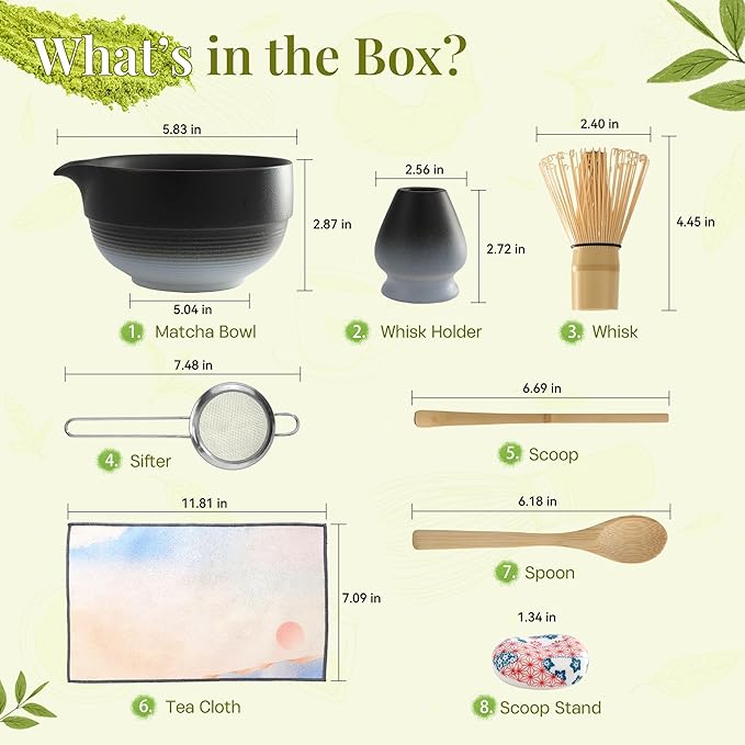 Matcha Whisk Set,includes Matcha Bowl,Matcha Whisk and Holder by Bamboo, Spout, Matcha Sifter Strainer Spoon Scoop Chasen Holder Towel- Perfect Japanese Matcha Set(8 Pcs White)