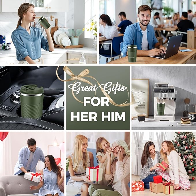 Volhoply 13 oz Stainless Steel Insulated Travel Coffee Mug with Fip Lid Bulk 4 Pack,Reusable Double Wall Vacuum Metal Coffee Cup,Portable Leak Proof Thermal Tumbler for Hot & Cold Drinks(Army Green,4)