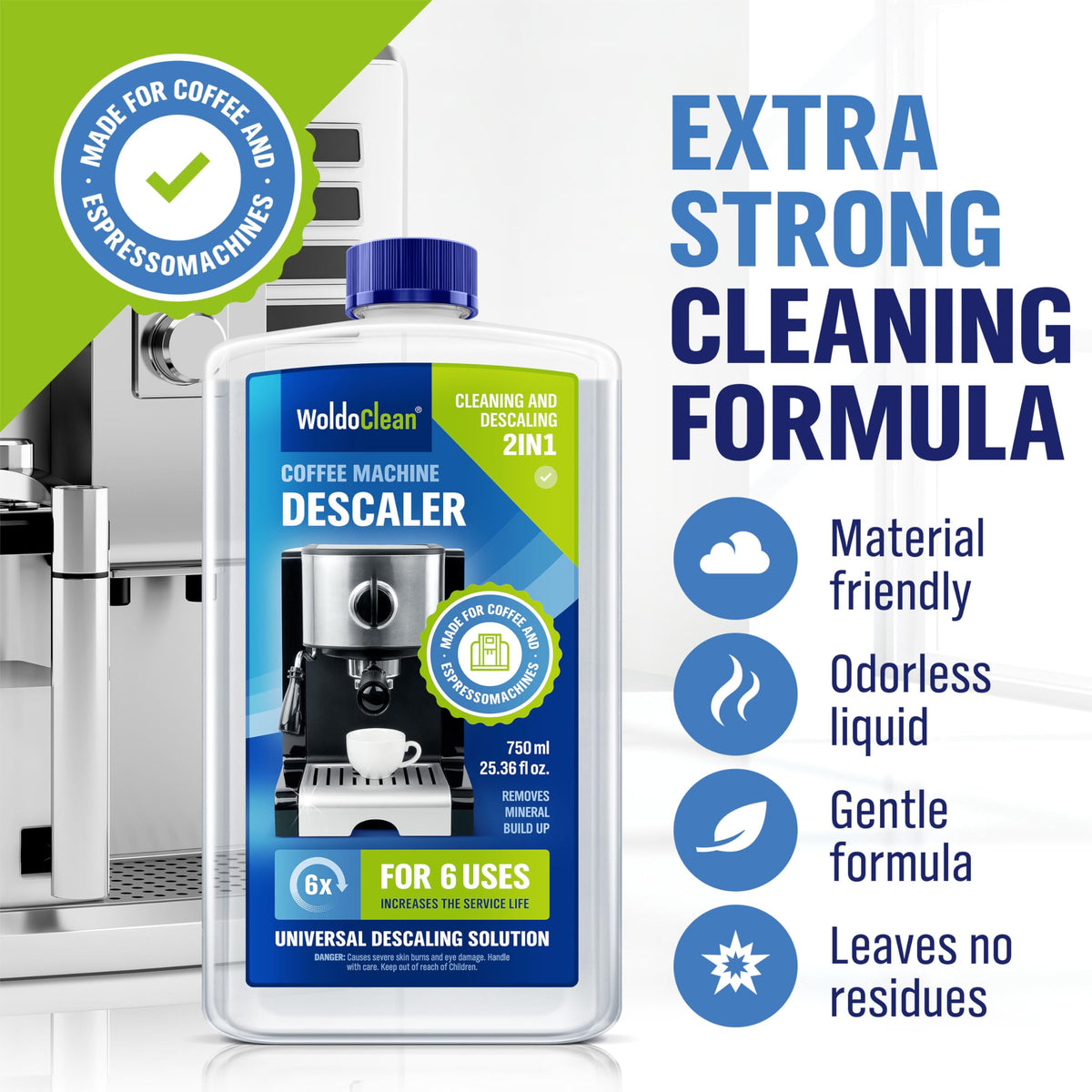 WoldoClean Descaler Solution for Coffee Maker 25.4 oz - 6 Uses Descaling Liquid compatible with Keurig, Nespresso, Breville, Espresso Machines
