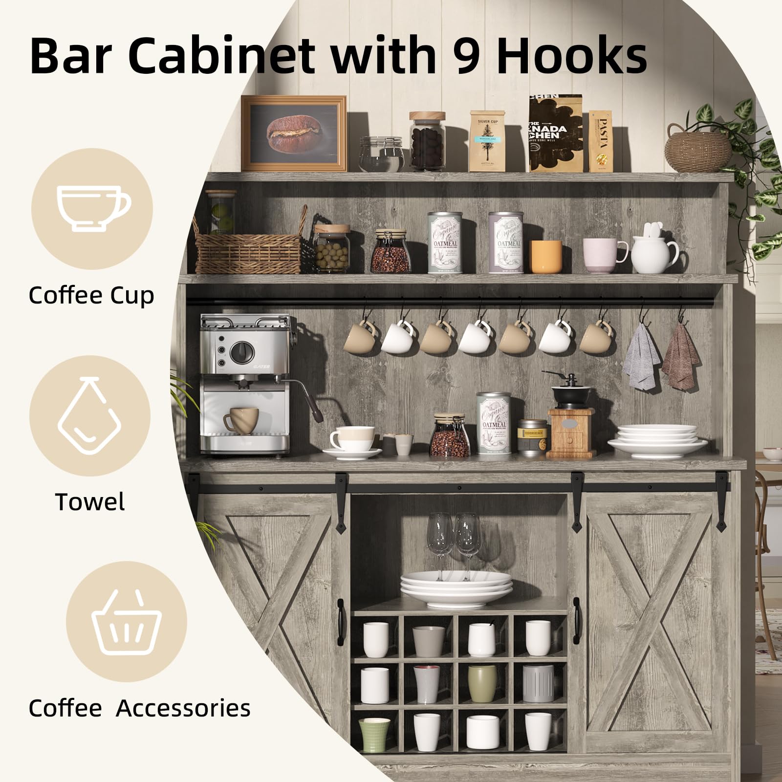BestHaped 55'' Farmhouse Coffee Bar Cabinet with 3 Tier Storage Hutch, Coffee Bar Station with Sliding Barn Door, Hutch Storage Cabinet with 12 Wine Racks & 9 Hooks for Kitchen Dining Living Room