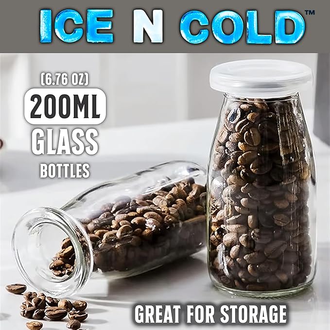 6.76 oz / 200ml Vintage Glass Bottle with Leakproof Clear Lid, Reusable & Eco-Friendly – Ideal for Milk, Juices, Smoothies, Infused Water, BPA-Free Glass Bottle (24-Pack)