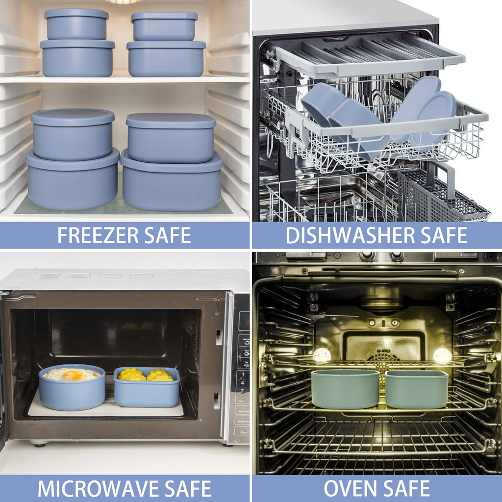 100% Silicone Food Storage Containers with Lids, 8 Pack, 10oz to 51oz, Reusable Leakproof Nesting & Stackable Silicone Bento Lunch Box, Microwave Freezer Dishwasher Oven Safe, BPA Free, Slate Blue