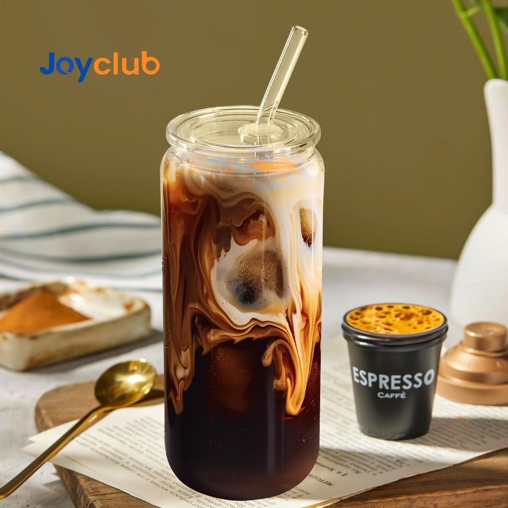 Joyclub 2pcs Glass Cups with Acrylic Lids and Straws 20 oz Drinking Glasses