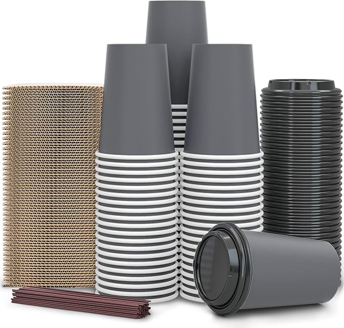 【100 Pack - 12 oz Disposable Coffee Cups To Go with Lids Sleeves and Straws 100% Biodegradable & Compostable Pla Eco Friendly Paper Coffee Cups for Tea Coffee Hot Chocolate