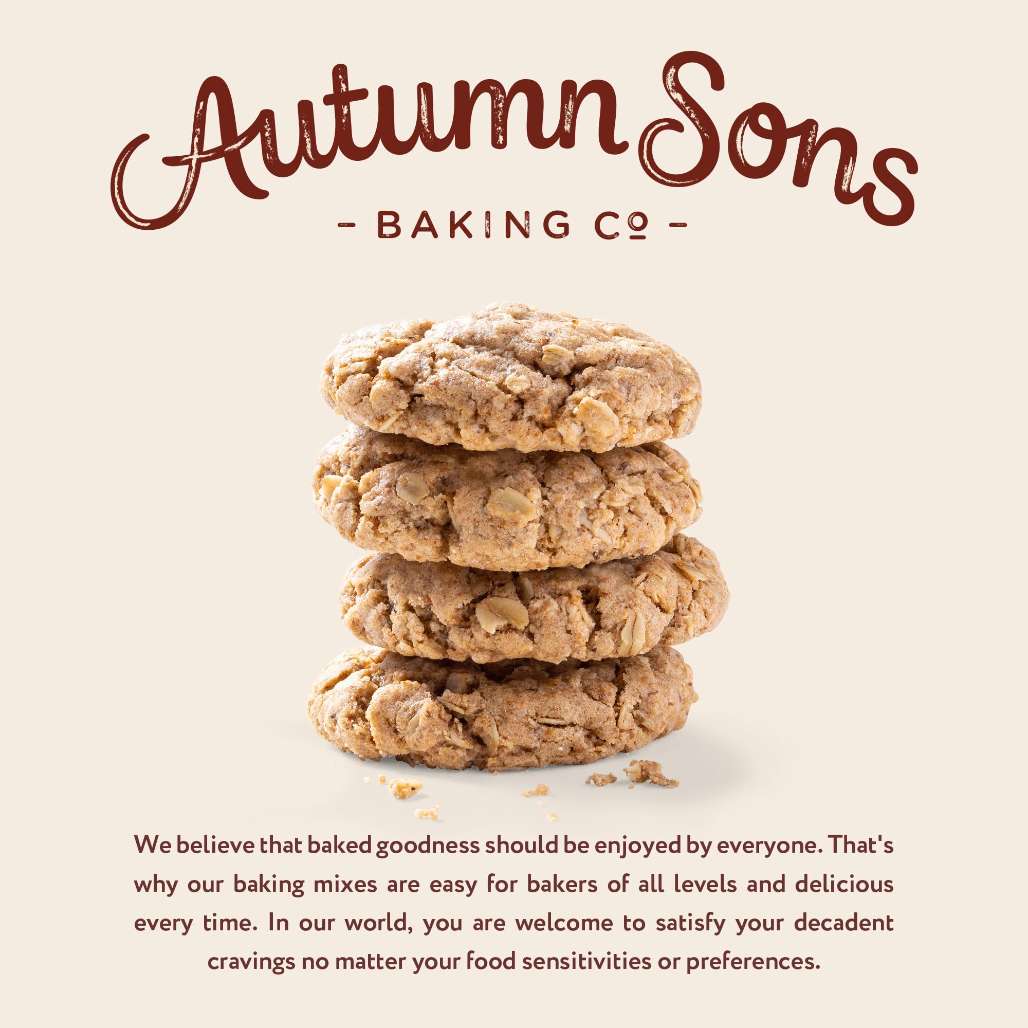 Autumn Sons Baking Co. Gluten Free Oatmeal Cinnamon Cookie Mix. Vegan Plant Based Baking Mix. Top 9 Allergen Free. Dairy Free, Nut Free, Soy Free, Non GMO. 9.3 oz (Pack of 3)