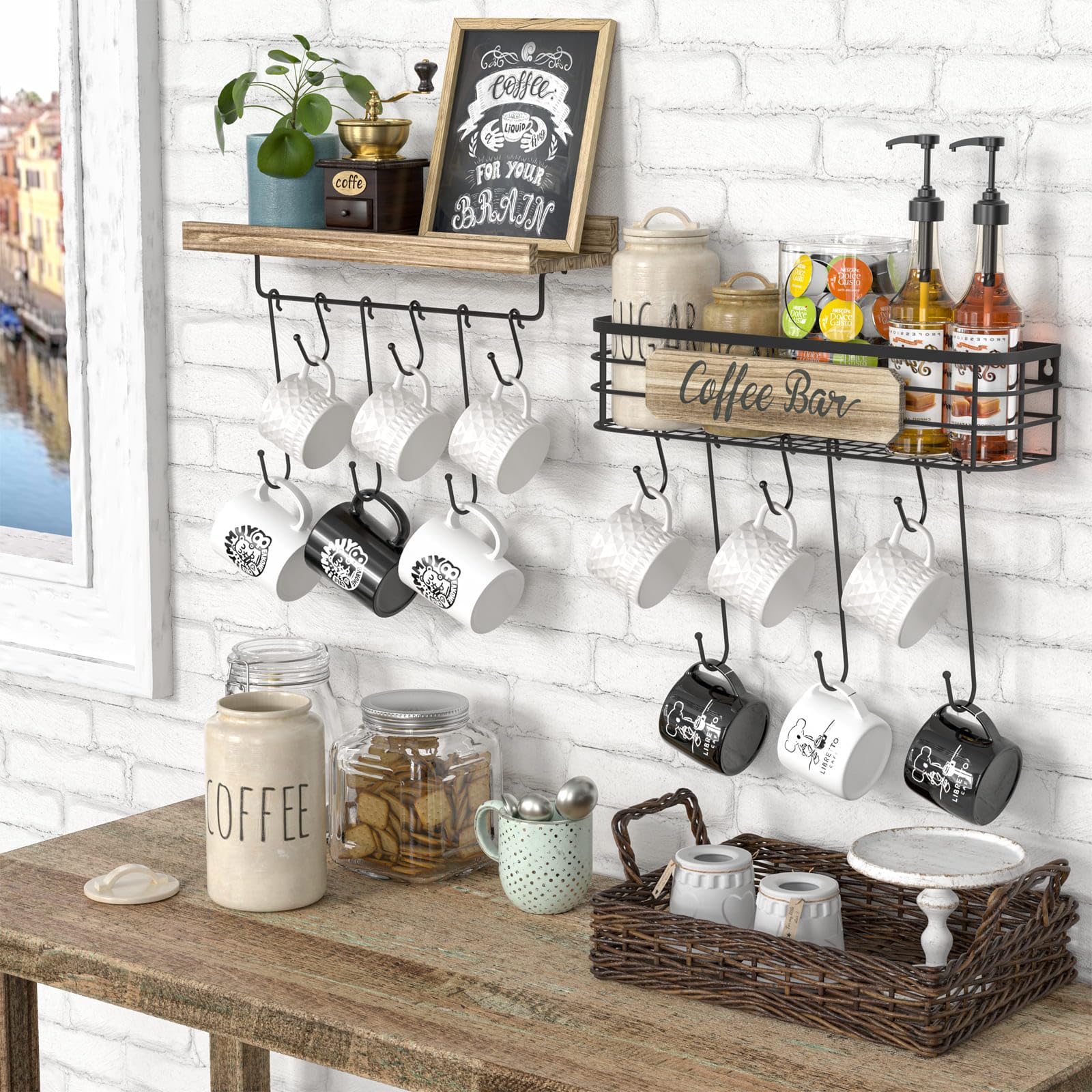 Filano Coffee Cup Holder 2 Pack Coffee Bar Shelf with 12 Mug Hooks, Mug Organizer Floating Mug Racks for Wall, Coffee Cup Display Hanger Pods Holder, Farmhouse Coffee Bar Decor Kitchen Accessories