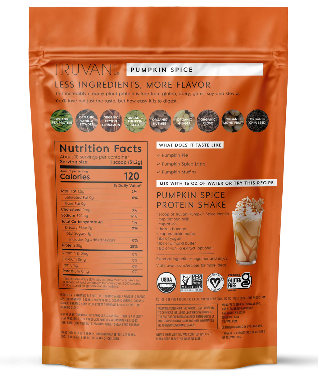 Truvani Organic Plant Based Protein Powder | Pumpkin Spice | 10 Servings