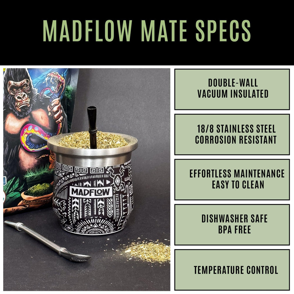 MADFLOW Yerba Mate Cup. Stainless Steel Mate Cup with 2 Bombillas. Double Wall Vacuum Insulated Yerba Mate Gourd. Unique Mate Cup And Bombilla Set