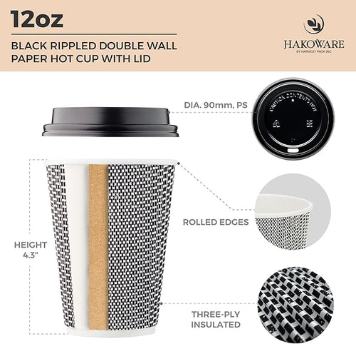 12 oz Disposable Paper Coffee Cups with Lids Insulated Double-Walled Togo