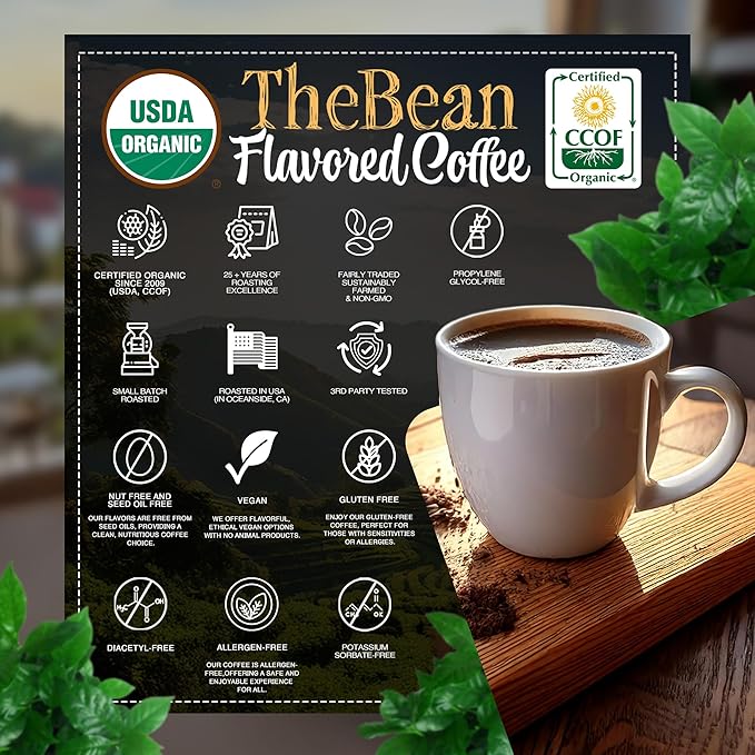 The Bean Organic Coffee Company Water Processed DECAF Chocolate Macadamia Nut, Medium Roast, Whole Bean Coffee, 16-Ounce Bag