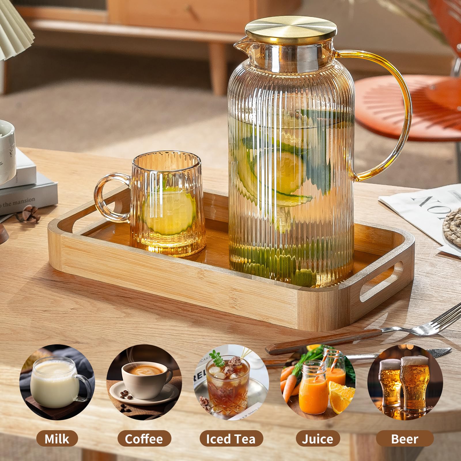 Buaic 2 PACK Glass Pitcher with Lid, 84 oz/ 2.5L Amber Glass Water Pitcher
