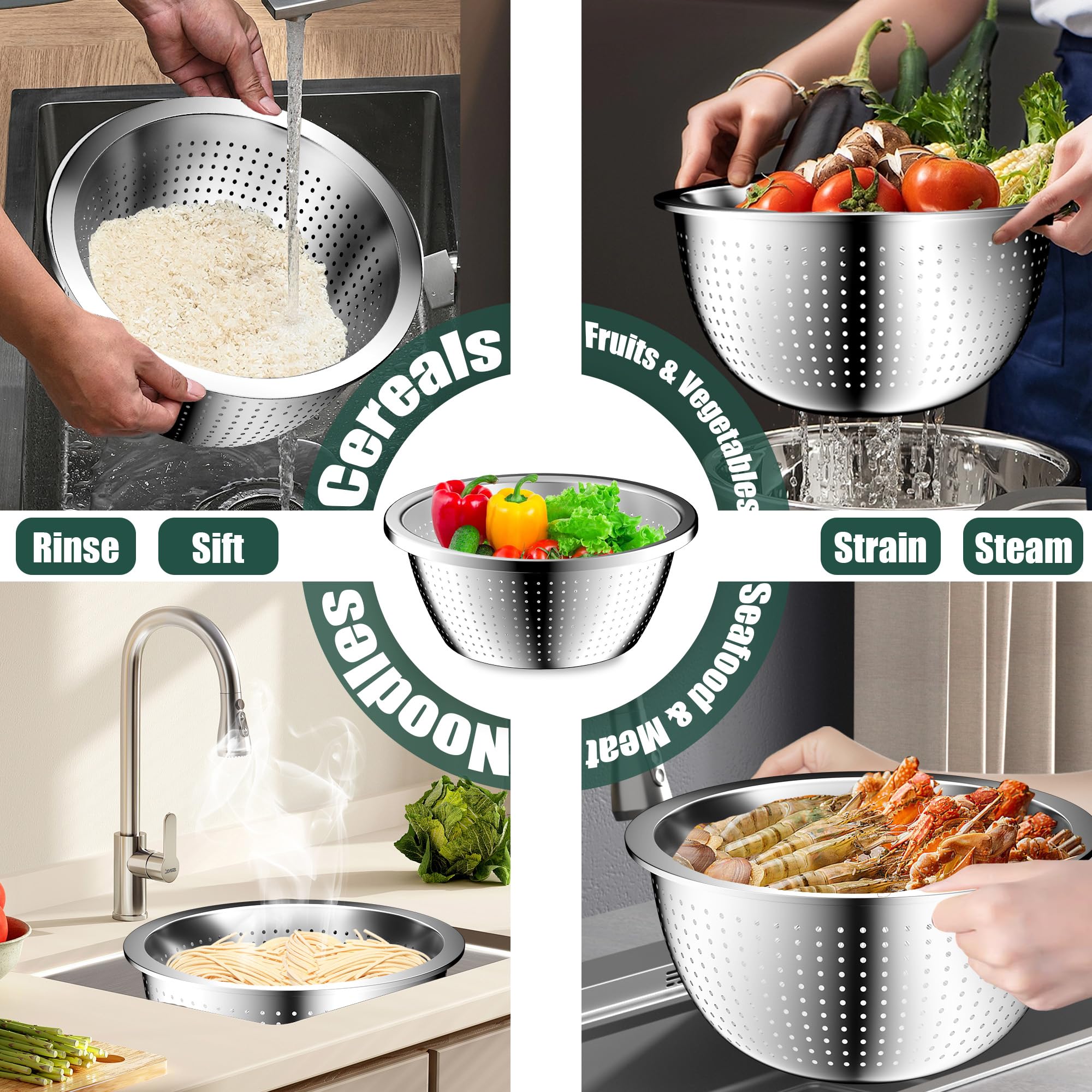 Mixing Bowls with Airtight Lids Set, 4 Stainless Steel Bowls Nesting Bowls & Colander, Kitchen Organizers and Storage Non-Slip Bottom, Size 1.5/2.0/2.5/4.5QT, Great for Mixing & Serving, Black