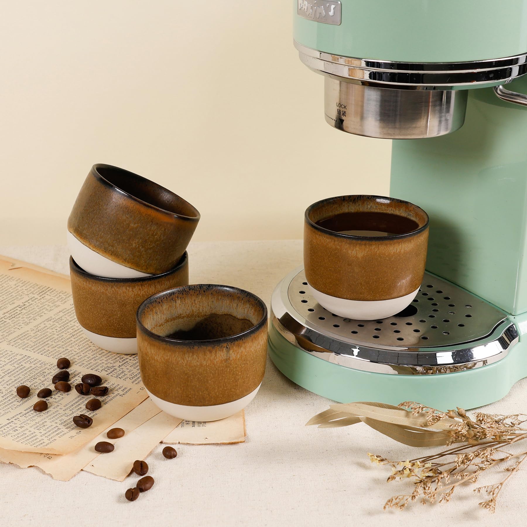 ZEBERBO Ceramic Espresso Cups Set of 4, Double Walled Espresso Coffee Mugs for Nespresso Cups, Special glazed Demitasse Cups Expresso Coffee Cup for Espresso Machine (Brown)