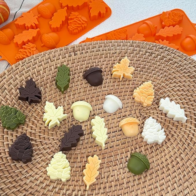 3Pack Fall Chocolate Mold Thanksgiving Silicone Candy Molds Halloween Autumn Harvest Festival Baking Mold Chestnuts, Pine Cones, Maple Leaves Acorn Shape Cake Molds for Cake Cupcake Toppers