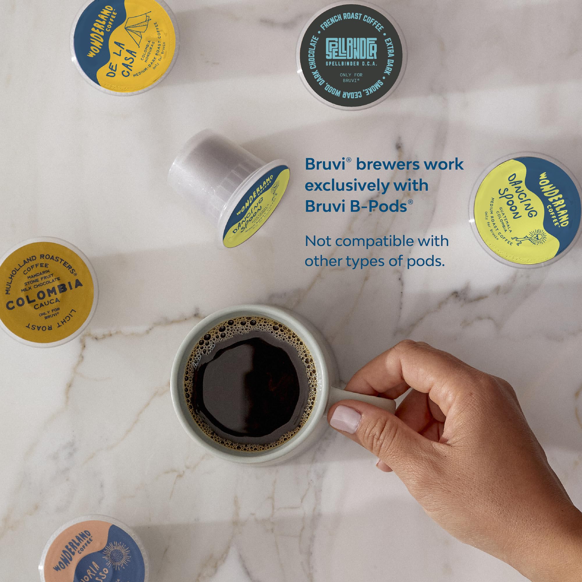 BRUVI Single-Serve Coffee Maker Bundle | Brews Coffee, Espresso, Cold Brew, Matcha Green Tea & More | Includes Brewer + 20 Variety Pods | Touchscreen, WiFi, 70 oz Tank | Black