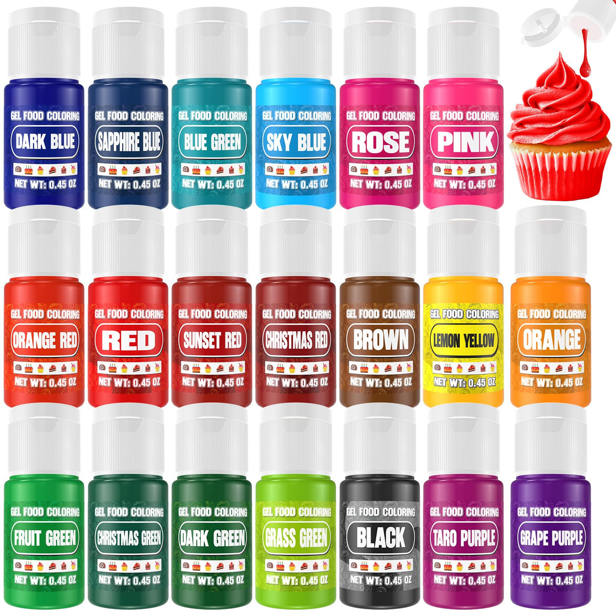 20 Colors Gel Food Coloring - 0.35 Fl.Oz Bottles