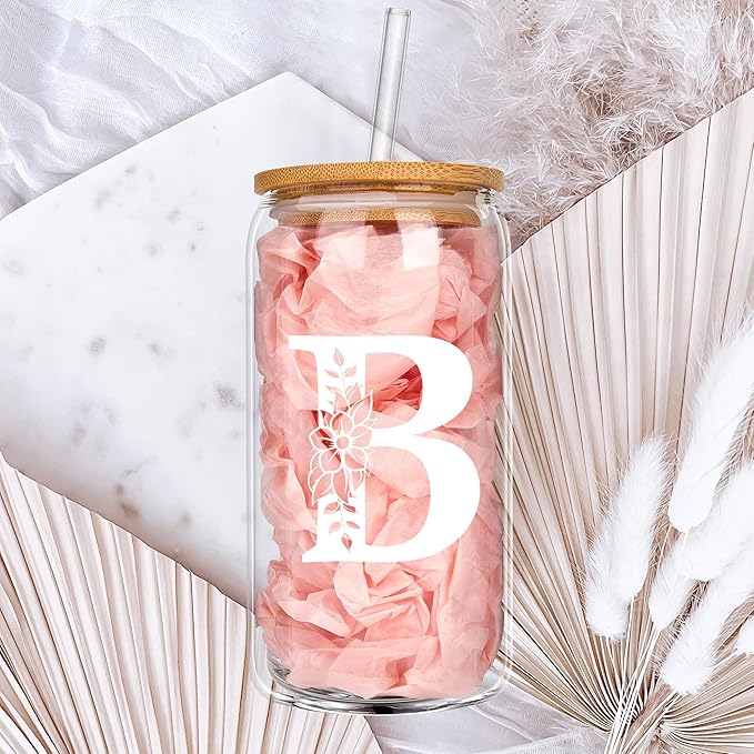 Personalized Gifts for Women, Monogrammed Glass Cups with Lids and Straws, Custom Tumbler, Cute Customized Mug, Aesthetic Stuff, Initial Iced Coffee Cup, Drinking Glasses, Birthday Teacher Gifts, C