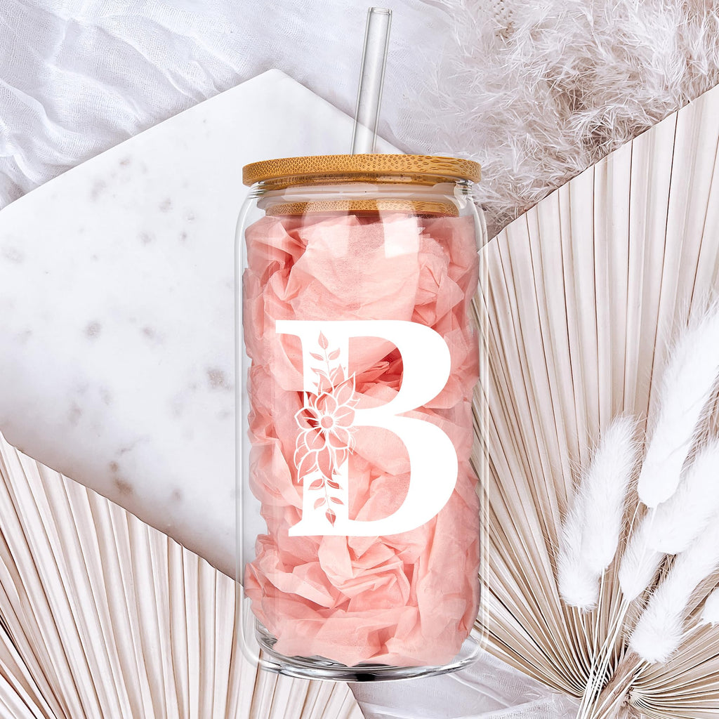 Personalized Gifts for Women, Monogrammed Glass Cups with Lids and Straws, Custom Tumbler, Cute Customized Mug, Aesthetic Stuff, Initial Iced Coffee Cup, Drinking Glasses, Birthday Teacher Gifts, J