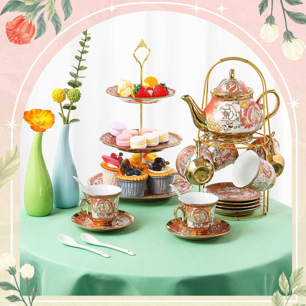 Maxcheck 21 Pcs Porcelain Tea Set for Women Tea Party with Metal Holder and 3 Tier Cake Stand Ceramic European Floral Teapot Set for Adults Mother's Day Christmas Thoughtful Gift(Romantic Style)