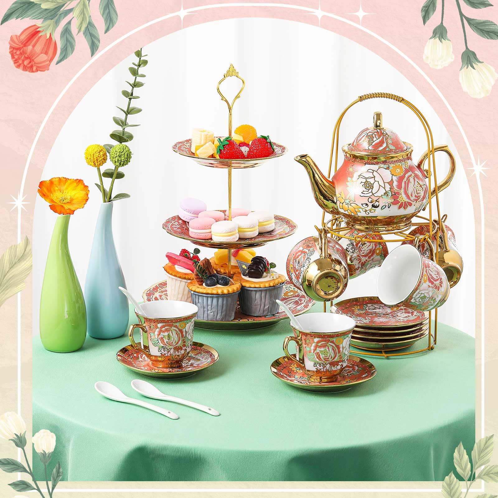 Maxcheck 21 Pcs Porcelain Tea Set for Women Tea Party with Metal Holder and 3 Tier Cake Stand Ceramic European Floral Teapot Set for Adults Mother's Day Christmas Thoughtful Gift(Romantic Style)