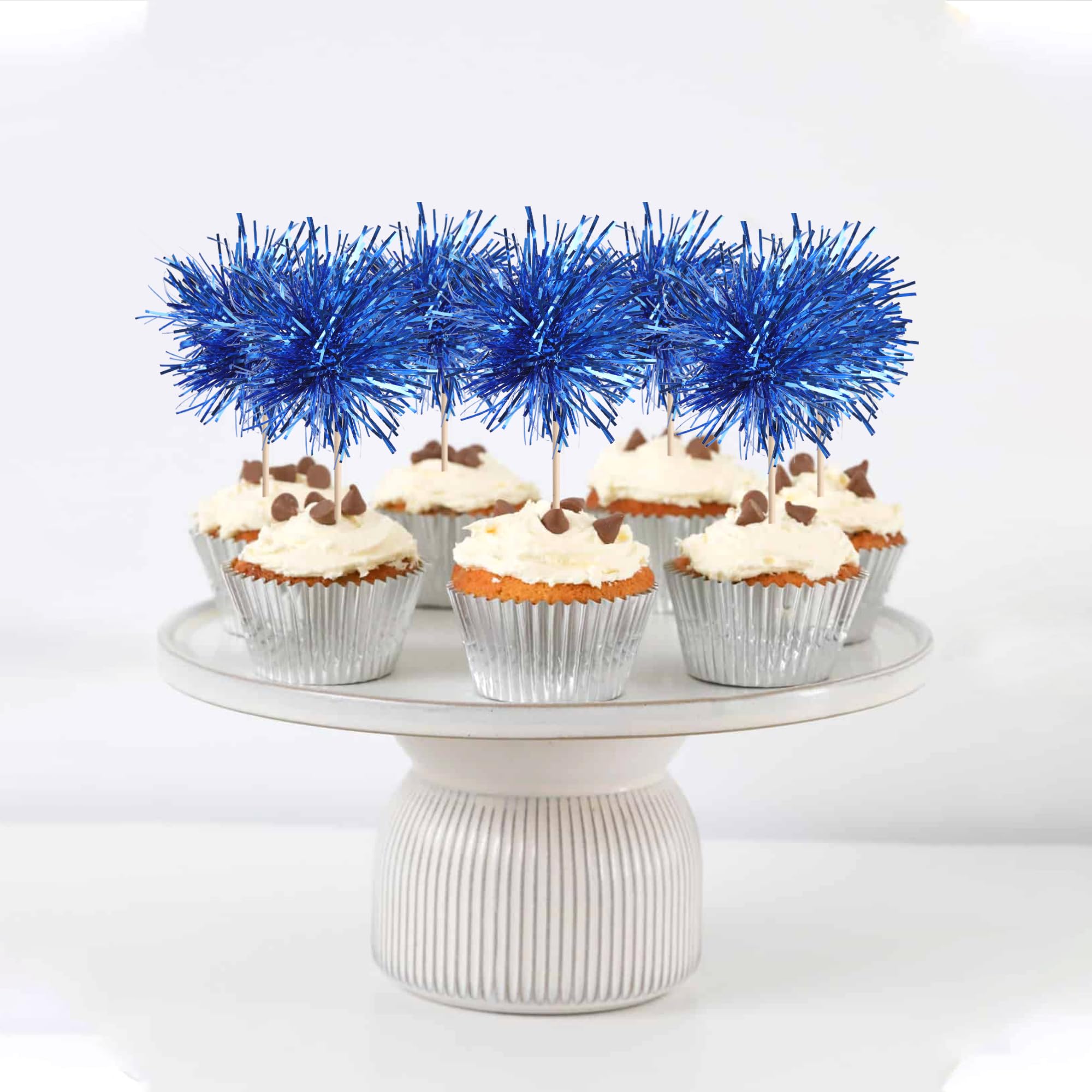 40 PCS Foil Firework Cupcake Toppers Sparkle Tinsel Cupcakae Picks Sparkler Fireworks Party Decorations Cocktail Fruit Toothpick for Birthday Wedding Graduation Party Decorations Supplies Dark Blue