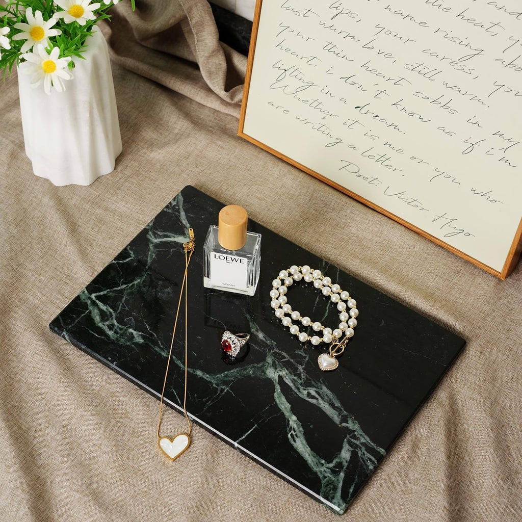 Koville Natural Green Marble Cutting Board for Kitchen Pastry Bread Macaron Display, 12" x 8" Real Stone Slab Marble Cheese Board for Home Countertop, Bathroom Perfume Tray Candle Plate