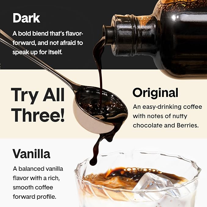Jot Coffee Concentrate (Variety 3pk) High Caffeine Cold Brew Coffee Concentrate Liquid for Iced Coffees, Instant Espresso, Hot or Cold Instant Coffees - Makes 14 Cups, 150mg Caffeine/Tbsp, No Sugar