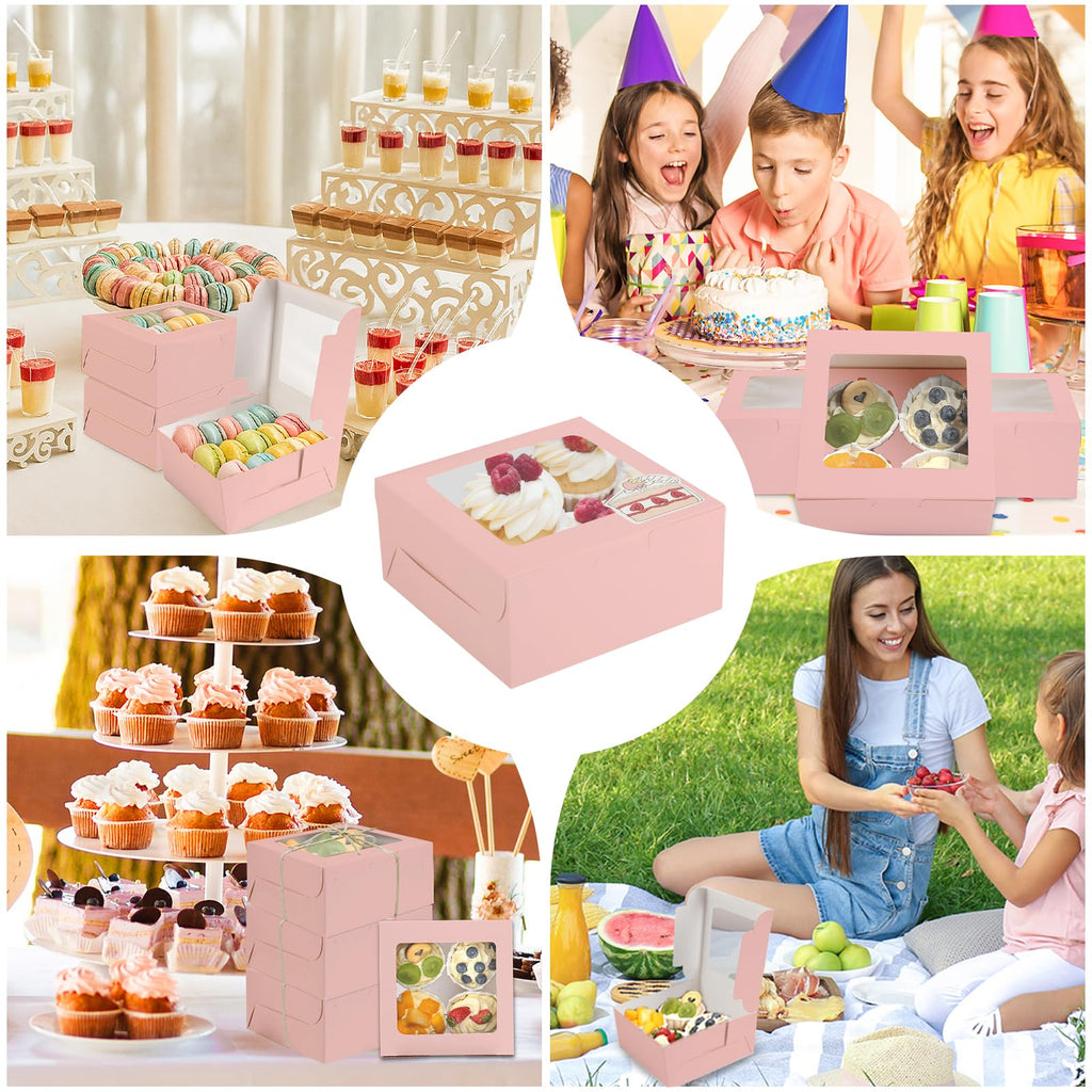 OAMCEG 80 Pack Cupcake Boxes with Window, 6x6x3 Inches Cookie Boxes, Bakery Treat Boxes for Pastry, Desserts, Chocolate Strawberries, Cupcake Containers, Gift Giving with Stickers & Twine （Pink）