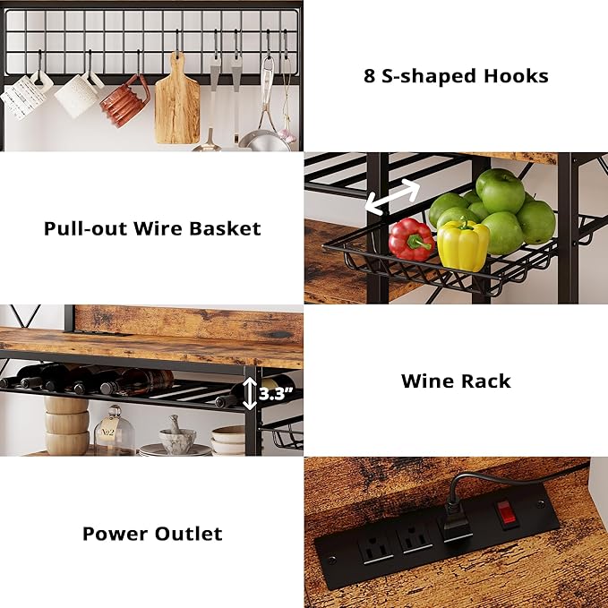IRONCK Large Bakers Rack with Power Outlet, 62 Inch Wide Microwave Stand, Coffee Bar with Storage, Kitchen Racks and Shelves